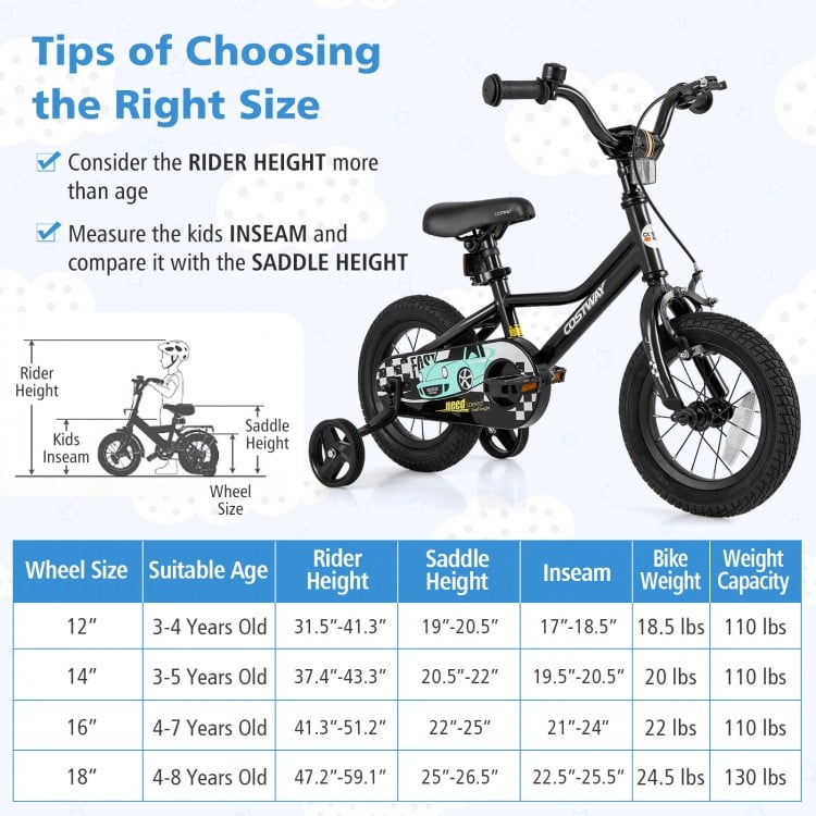 12-inch kids bike with adjustable saddle and handlebar, features training wheels and sturdy carbon steel frame for.