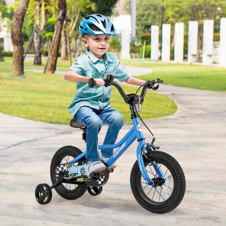 12-inch kids bike with removable training wheels, adjustable saddle, and hand brake for safe riding outdoors.