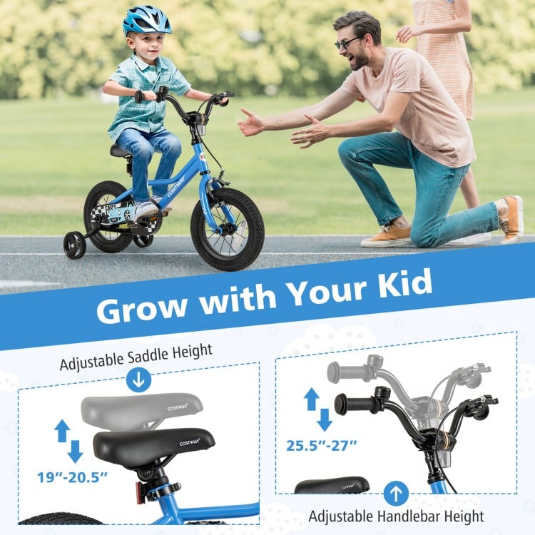 12-inch kids bike with adjustable saddle and handlebar heights, featuring removable training wheels for ages 3-4.