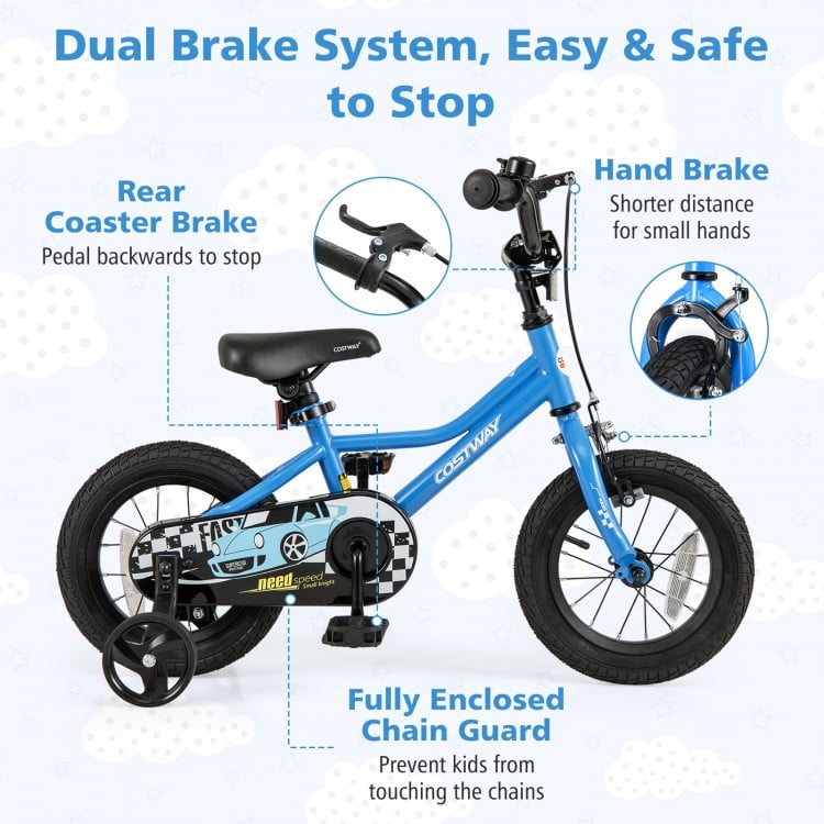 12-inch kids bike in blue with removable training wheels, hand brake, and enclosed chain guard for safety and stability.