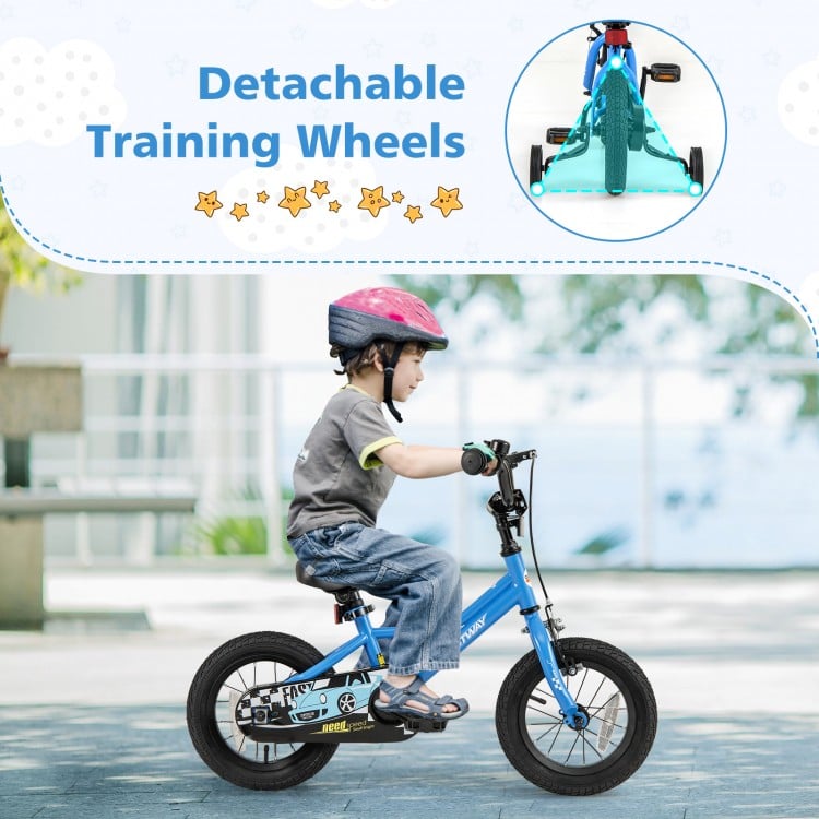 Kids bike with removable training wheels, 12-inch size, adjustable saddle, and hand brake for ages 3-4 years.