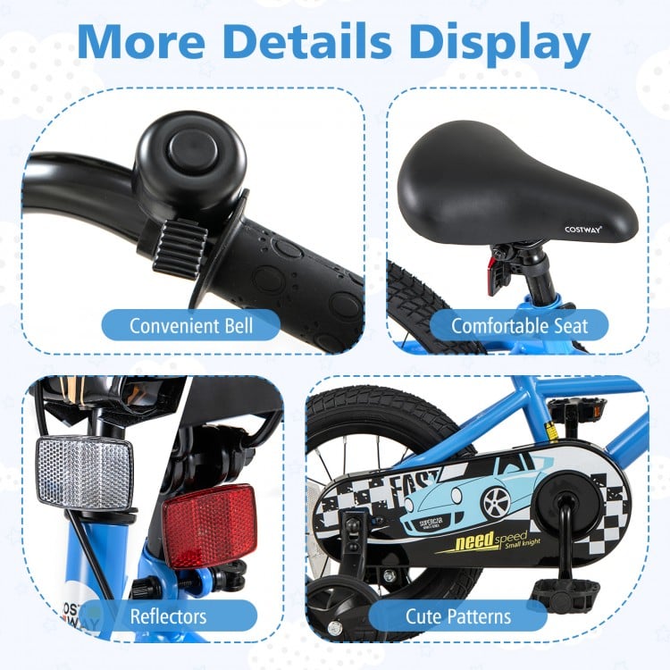 Close-up of the 12-inch kids bike features, including a comfortable seat, convenient bell, and reflectors for safety.