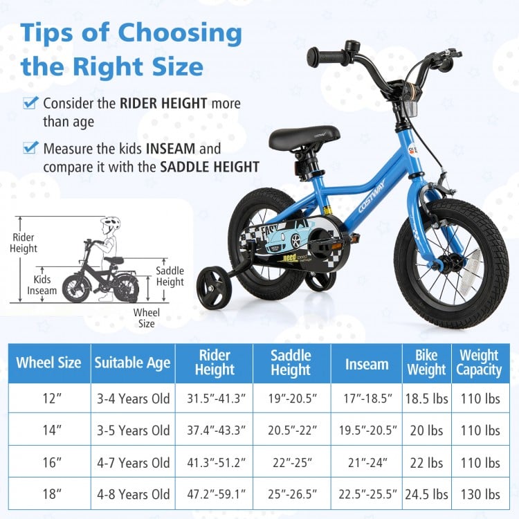 12-inch kids bike with removable training wheels, adjustable saddle, and hand brake, perfect for ages 3-4 years old.