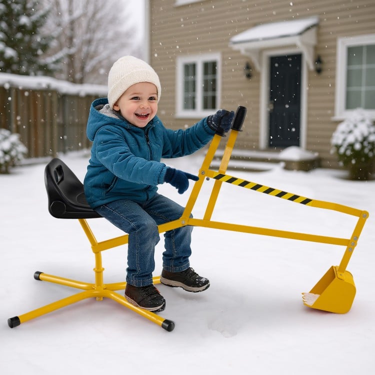 Yellow sand digger for kids with 360-degree swivel, adjustable arms, and flexible shovel, perfect for all-season.