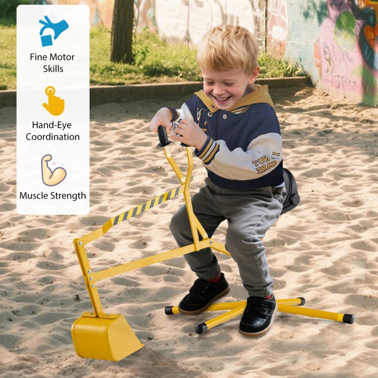 Yellow sand digger for kids with adjustable arms, flexible shovel, and 360-degree swivel for outdoor play.