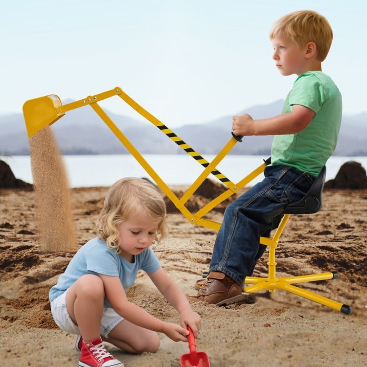 Kids enjoy the yellow sand digger with flexible shovel and adjustable arms for outdoor play and skill development.
