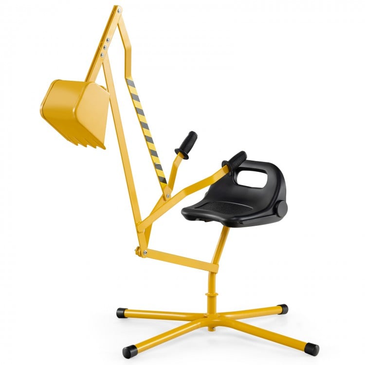 Yellow sand digger with 2-handed controls and flexible shovel, designed for kids 3+, promoting fine motor skills and.