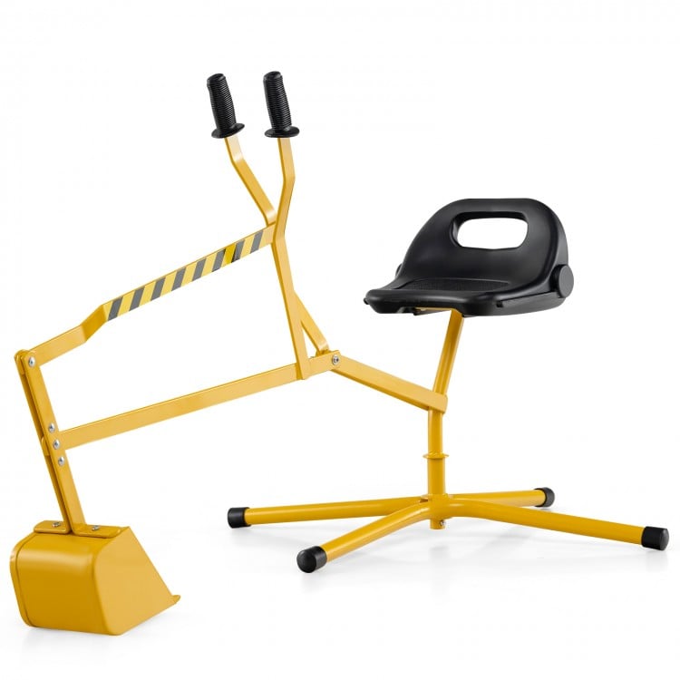 Yellow sand digger with adjustable arms and flexible shovel, designed for kids 3+, perfect for outdoor play.