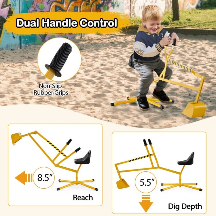 Yellow sand digger with dual handle controls, adjustable arms, and flexible shovel for kids aged 3+ for outdoor fun.