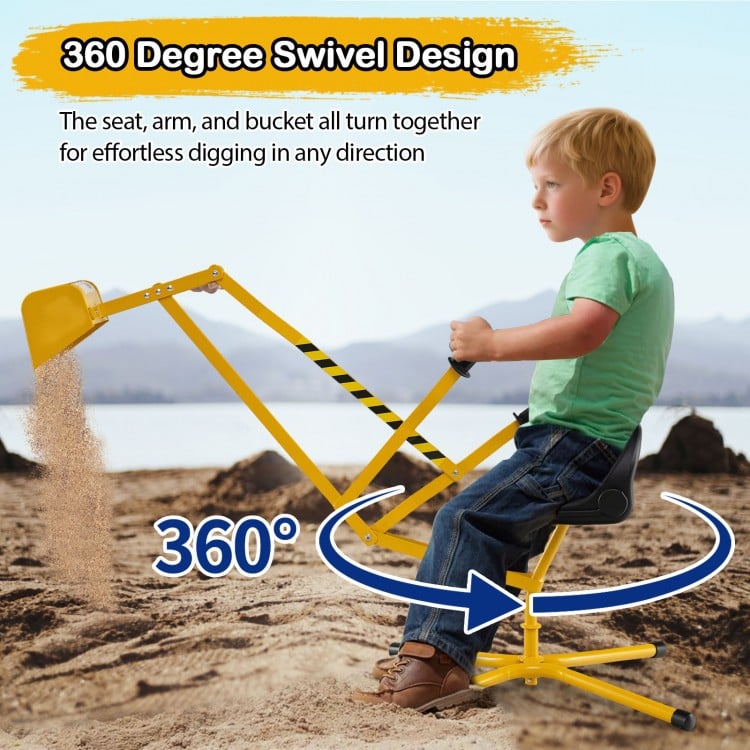 Yellow sand digger with 360-degree swivel design, adjustable arms, and flexible shovel for kids aged 3 and up.