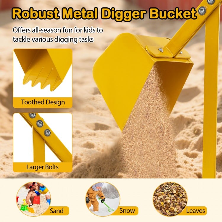 Yellow metal digger bucket with toothed design, ideal for kids to dig sand, leaves, or snow in all seasons.