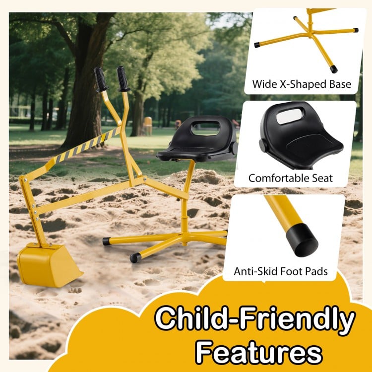 Yellow sand digger with adjustable arms and flexible shovel, designed for kids 3+, featuring a wide base for stability.