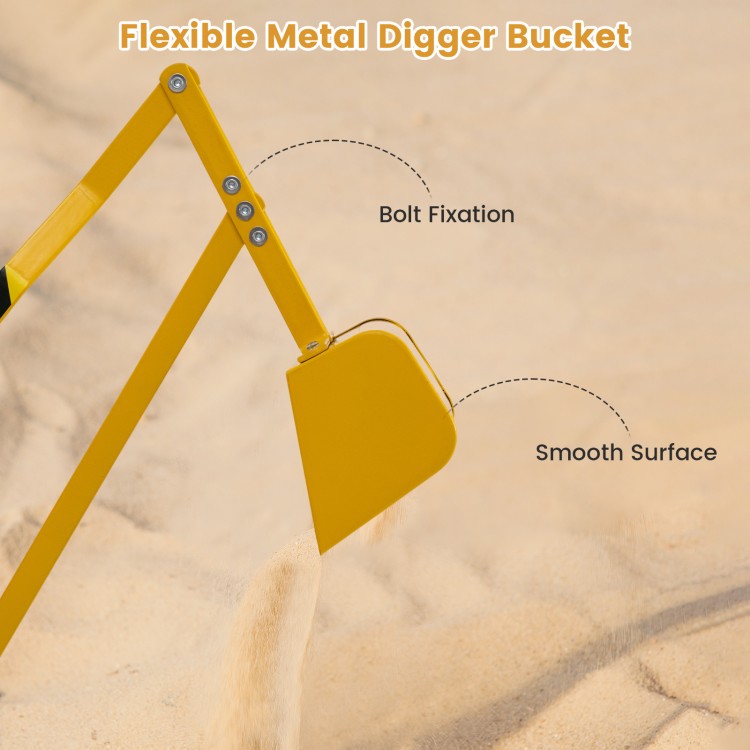 Flexible metal digger bucket in yellow with smooth surface and bolt fixation, ideal for kids' outdoor play.