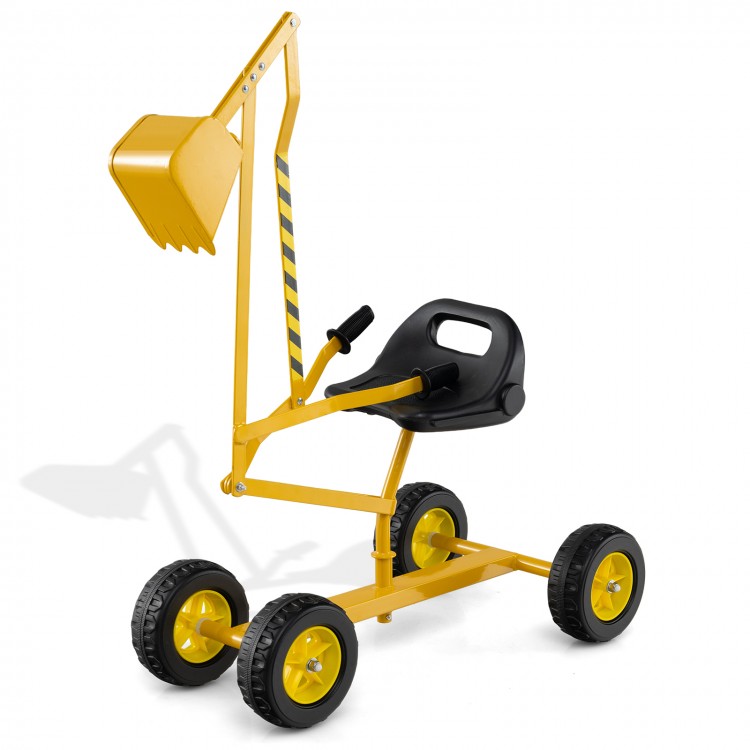 Yellow sand digger for kids with flexible shovel, 360-degree swivel, and adjustable arms for outdoor fun.