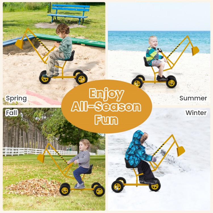Yellow sand digger for kids with flexible shovel, shown in seasonal play: spring, summer, fall, and winter fun.
