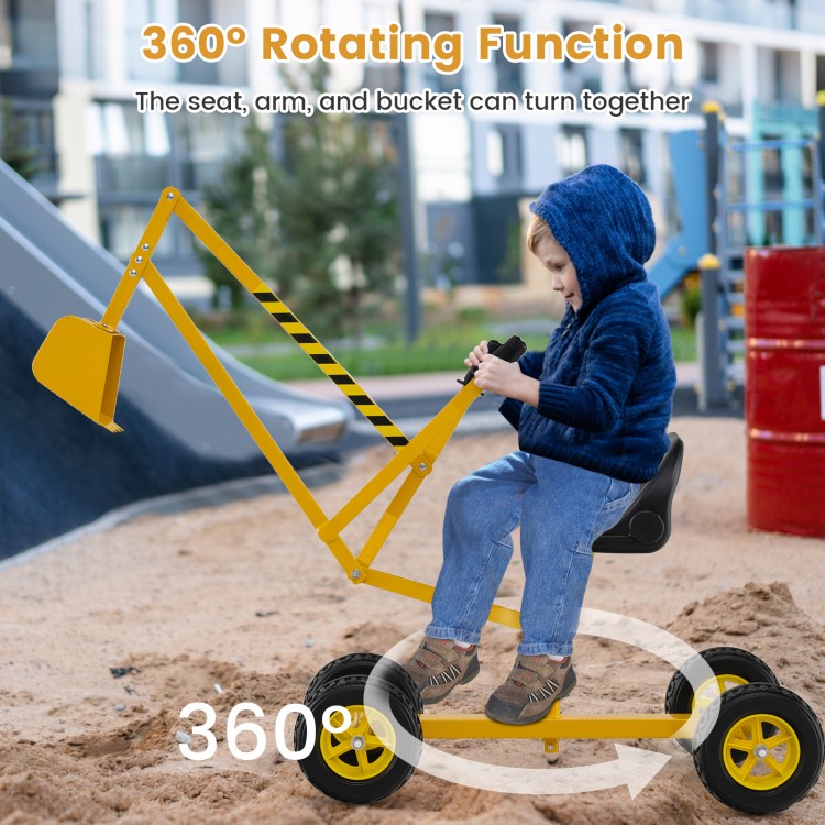 Yellow sand digger for kids with 360-degree rotation, adjustable arms, and flexible shovel for outdoor fun.