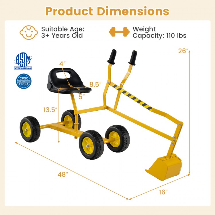 Yellow sand digger for kids with adjustable arms, flexible shovel, and 4 wheels for easy movement and fun outdoor play.