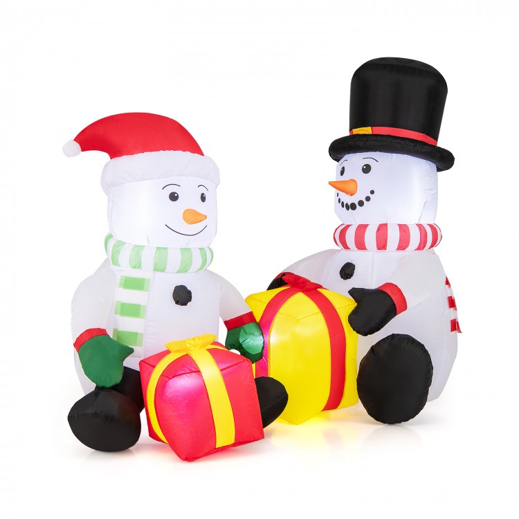 Cute 5-foot inflatable snowmen with gift boxes, pre-lit with LED lights, perfect for festive indoor or outdoor holiday.