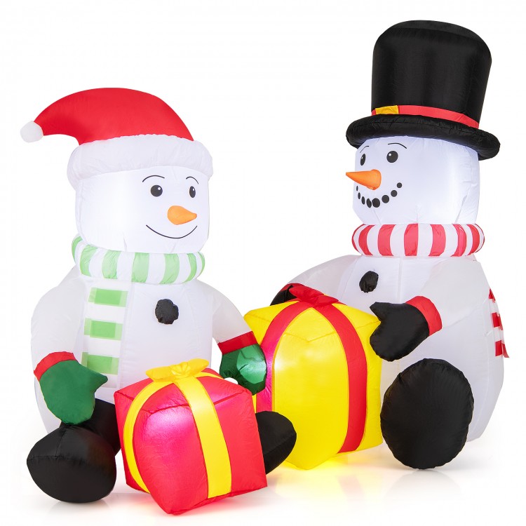 Cute 5-foot inflatable snowmen with gift boxes, pre-lit with LED lights, perfect for holiday indoor and outdoor decor.