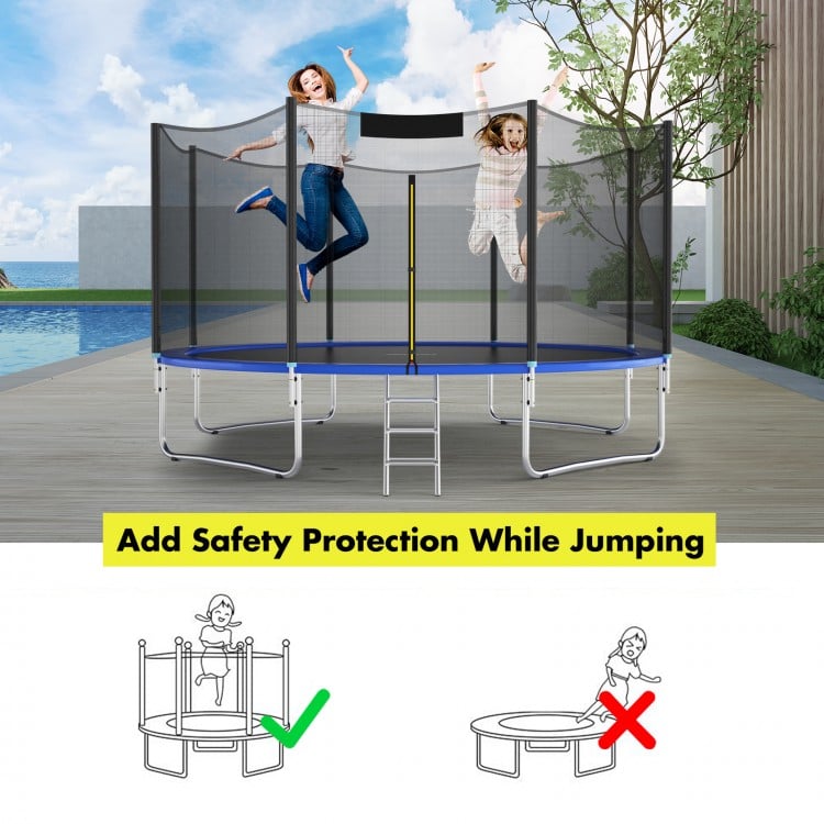 Trampoline protection enclosure net for 12 ft round trampolines, featuring a zipper door and safety buckles for secure.