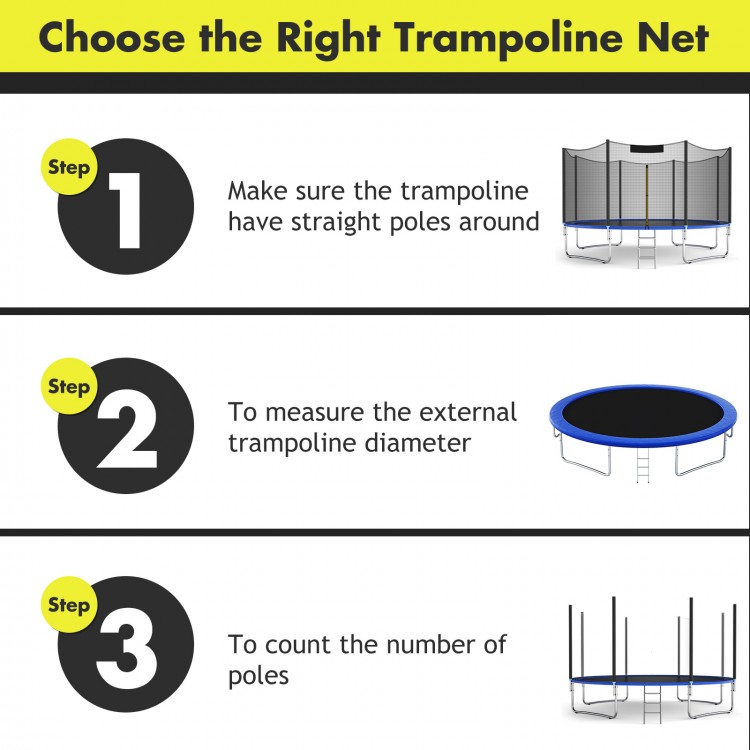 Trampoline replacement enclosure net for 14 ft round trampolines with zipper, made of durable PE material for safety.
