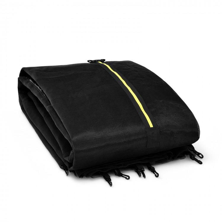 Folded trampoline replacement protection enclosure net in black with zipper, designed for 12 ft/14 ft trampolines.