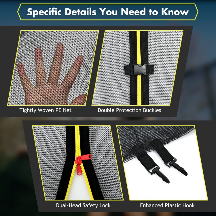 Tightly woven PE net with double protection buckles and dual-head safety lock for 14ft trampoline enclosure.