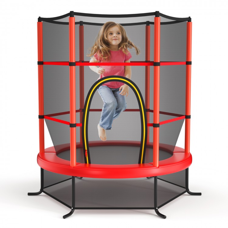 Kids jumping on a 55-inch red trampoline with enclosure net, featuring L-shaped legs for stability and safety.