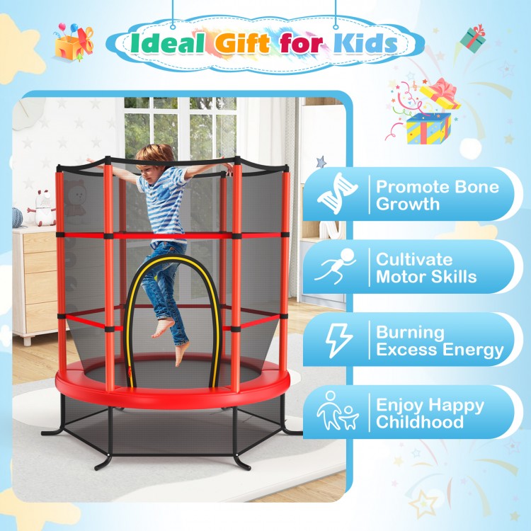 Kids jumping on a 55-inch red trampoline with enclosure net, promoting fun and safety for home entertainment.
