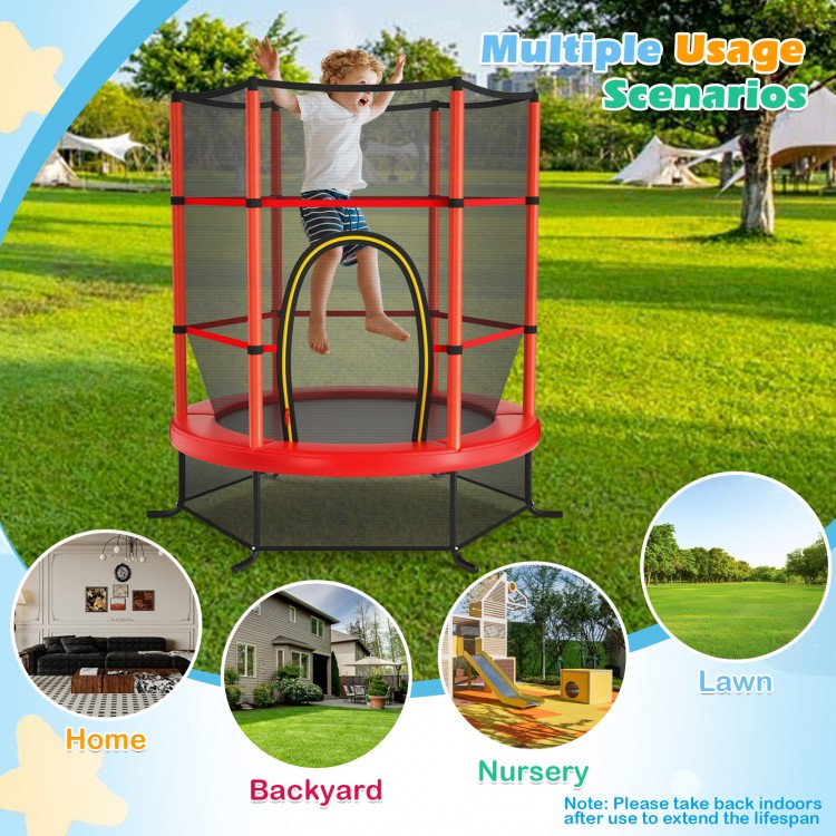 Kids recreational trampoline with red enclosure net, 55-inch size, ideal for backyard fun and home entertainment.