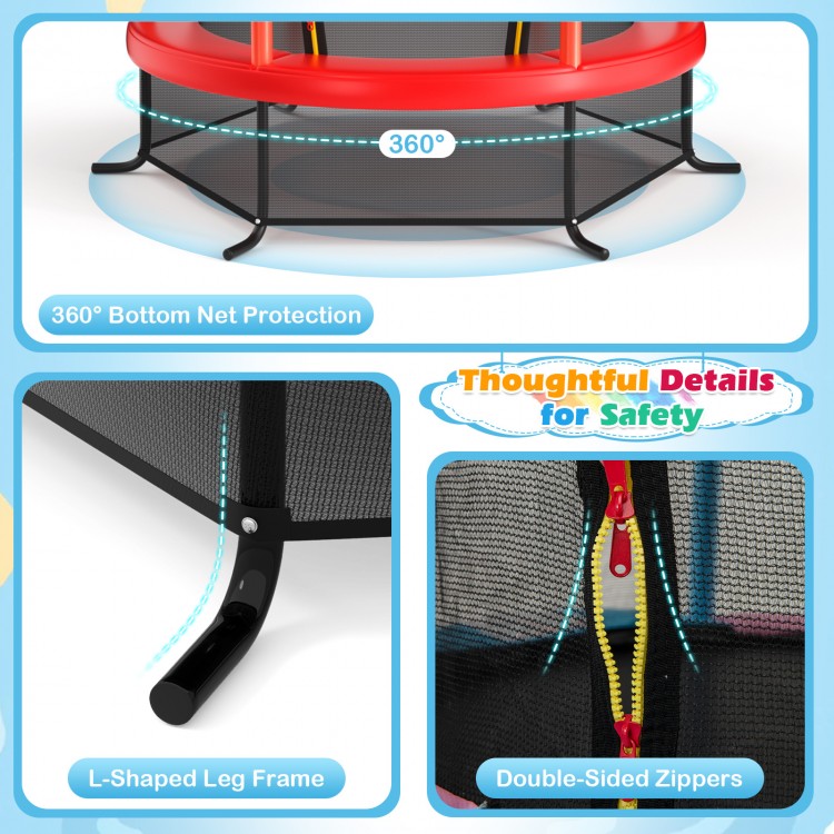 L-shaped leg frame and double-sided zippers of the 55-inch kids trampoline ensure stability and safety for jumping fun.