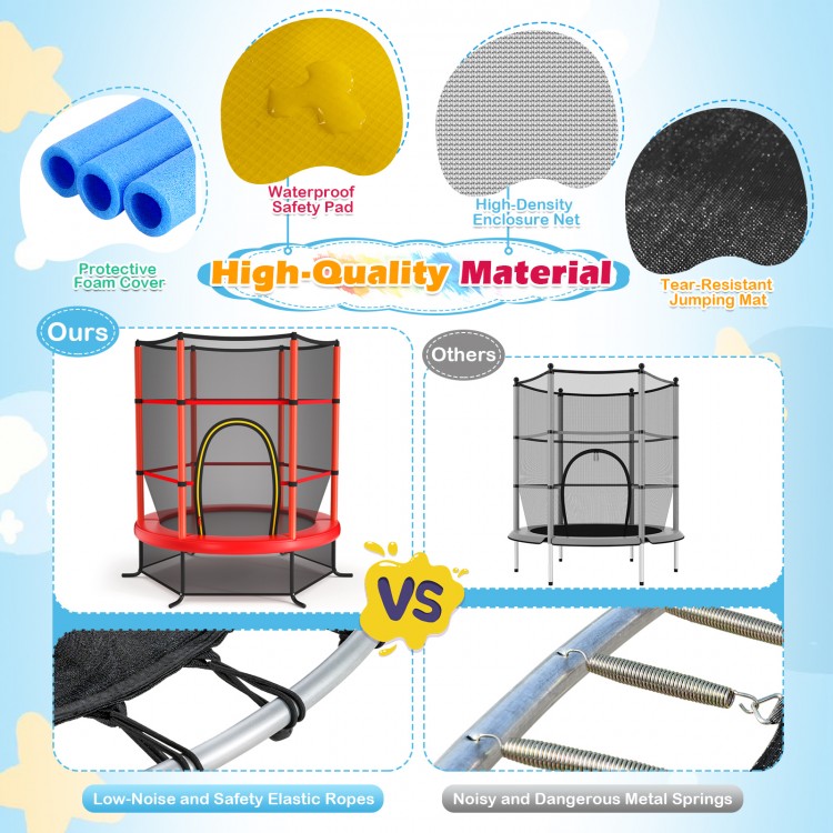 55-inch kids trampoline with red enclosure net, featuring durable materials and safety design for home entertainment.