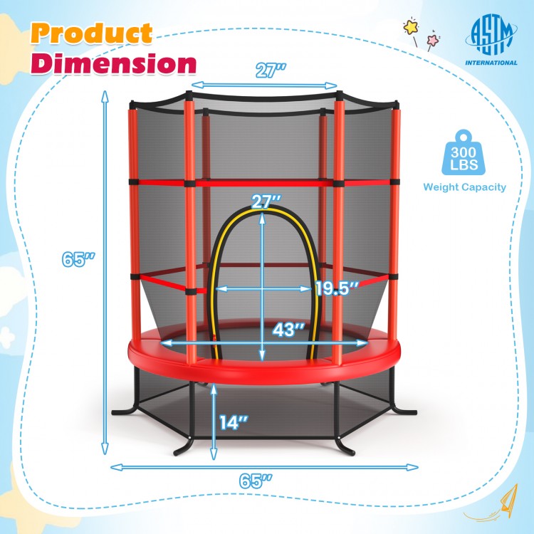 Kids recreational trampoline with enclosure net, 55 inches, red, featuring stability legs and 300 lbs weight capacity.