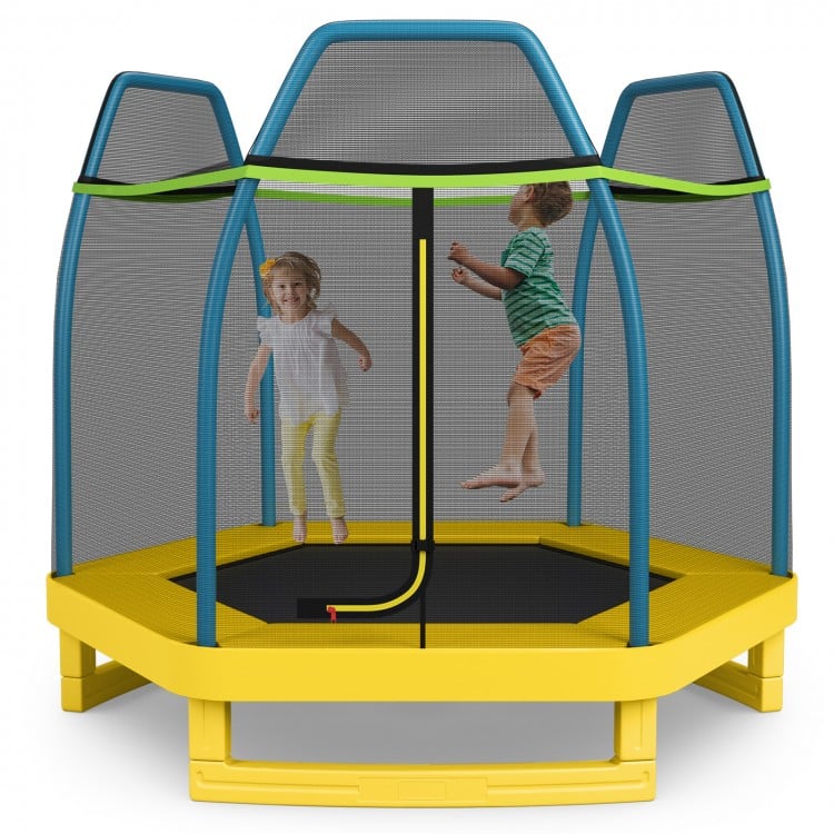 Kids jumping on a 7 ft yellow trampoline with a safety enclosure net, designed for indoor and outdoor fun.