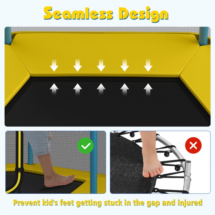 Seamless design of the 7 ft kids trampoline prevents foot injuries, featuring a safety enclosure net and sturdy.