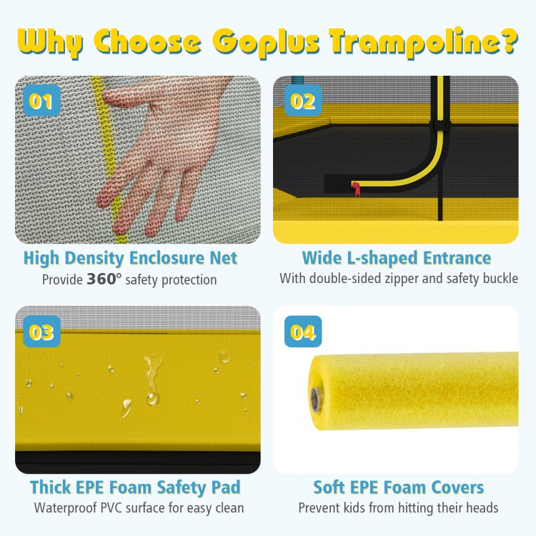 High-density enclosure net and L-shaped entrance of the 7 ft kids trampoline for safe jumping and easy access.