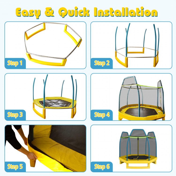 Step-by-step installation guide for the 7 ft kids trampoline with safety enclosure net in yellow.