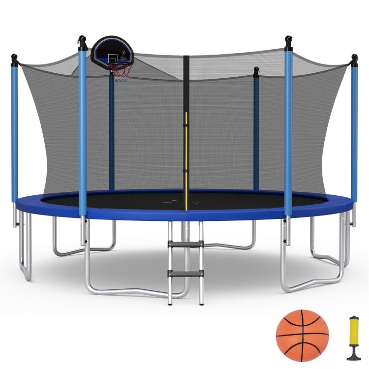 12 ft outdoor trampoline with ladder, enclosure net, and basketball hoop for safe recreational fun.