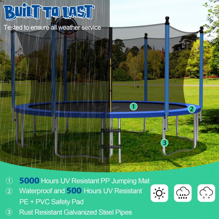 12 ft outdoor trampoline with ladder and enclosure net, featuring UV-resistant mat and rust-resistant steel pipes for.