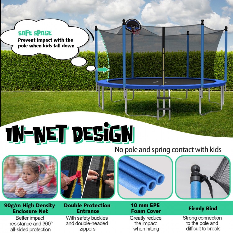 12 ft outdoor trampoline with enclosure net, safety buckles, and foam covers for secure, impact-resistant play.