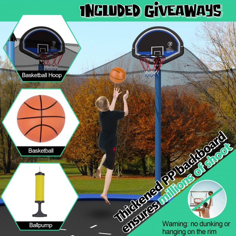 Outdoor recreational trampoline with enclosure net, 12 ft, includes basketball hoop, ball, and pump for fun outdoor.