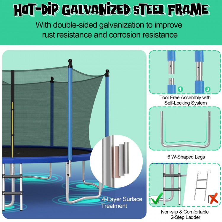 Outdoor trampoline with hot-dip galvanized steel frame, safety net, and non-slip 2-step ladder for secure play.