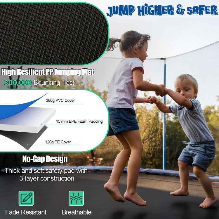 Close-up of the 12 ft outdoor trampoline's high resilient jumping mat and safety pad, designed for secure play.