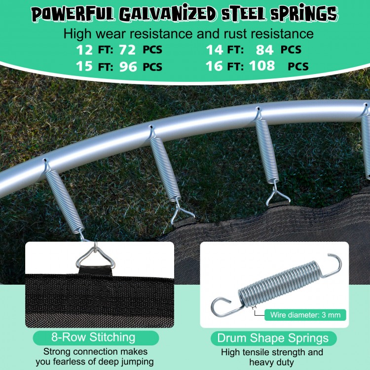 Detail of galvanized steel springs for the 12 ft outdoor trampoline, showcasing durability and high wear resistance.