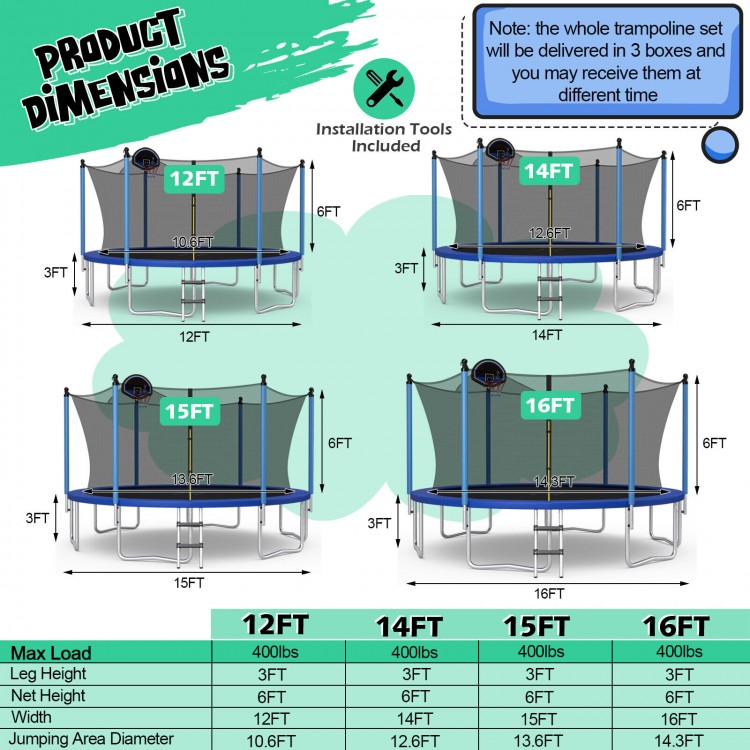 12 ft outdoor trampoline with enclosure net, ladder, and safety features, designed for recreational use and durability.