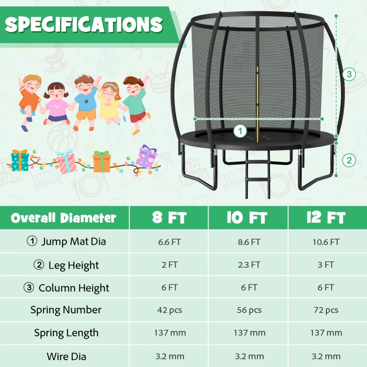8-foot ASTM approved trampoline with safety enclosure net, padded poles, and ladder for secure recreational fun.
