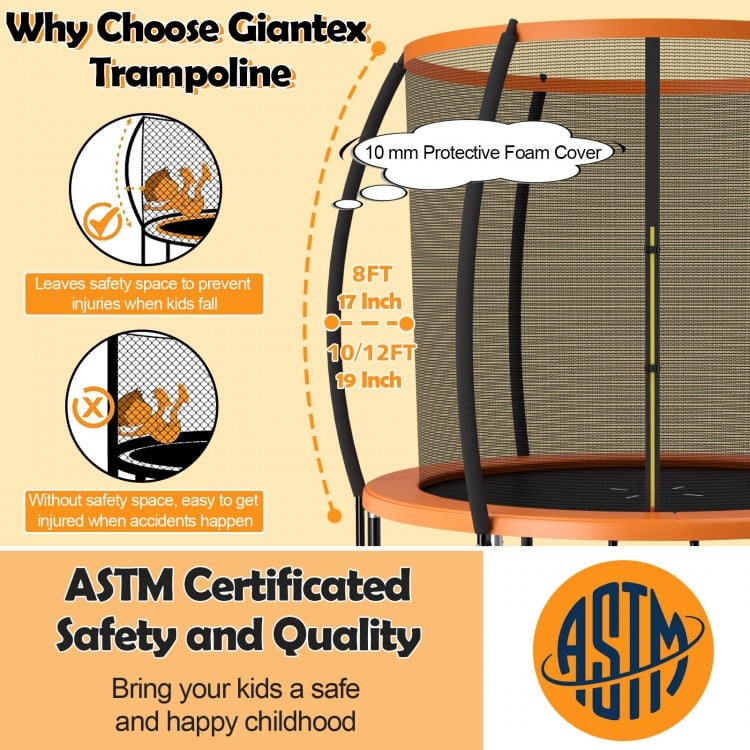 8FT ASTM approved trampoline with safety enclosure net, padded poles, and ladder for secure outdoor fun.