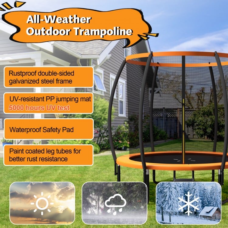 8-foot outdoor trampoline with UV-resistant jumping mat, safety enclosure, and rustproof steel frame for secure fun.