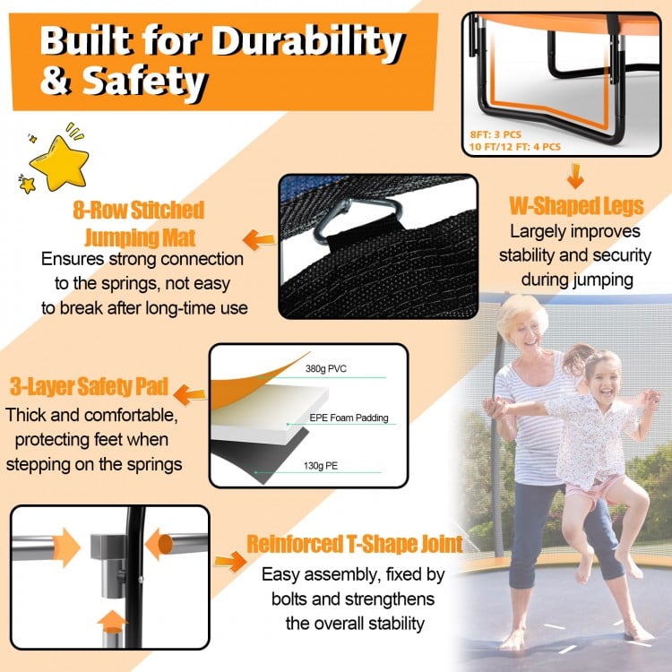 8-foot ASTM approved trampoline with safety enclosure net, padded poles, and W-shaped legs for stability and durability.