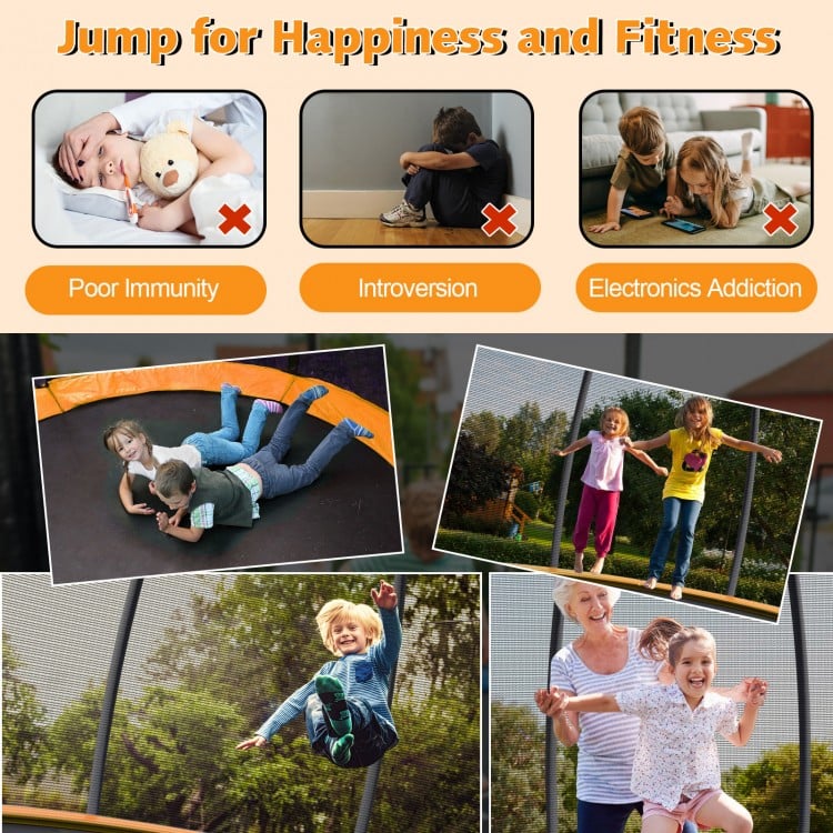 8 feet ASTM approved trampoline with safety enclosure, padded poles, and ladder for secure outdoor fun and fitness.
